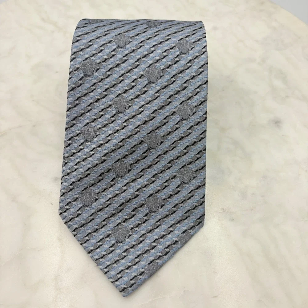Vtg‎ Gianni Versace Silk Tie Mens Grey Blue Medusa Head Geometric Italy 3.75x56